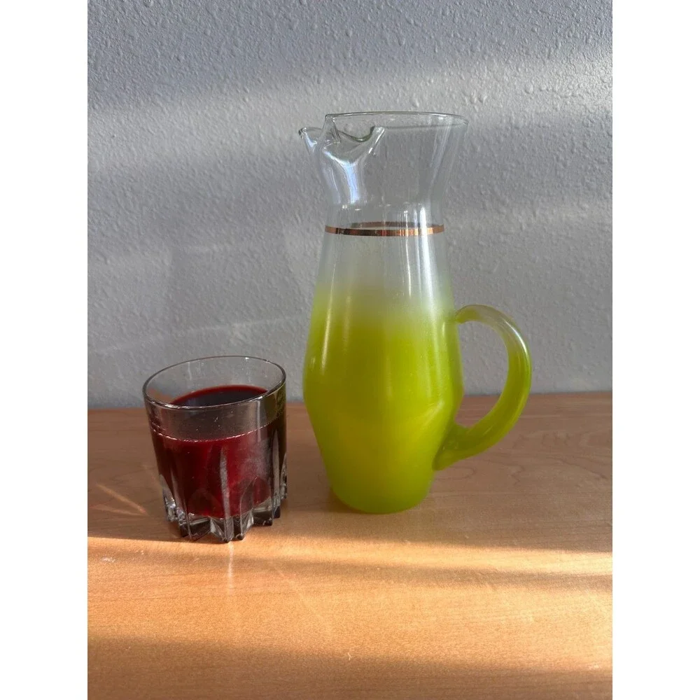 Vintage MCM Frosted Lime Green Ombré Glass Pitcher Retro with Gold Trim 9